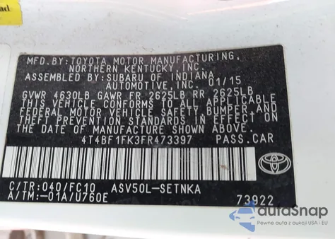 2015 Toyota Camry Le из США, поврежденный, VIN 4T4BF1FK3FR473397